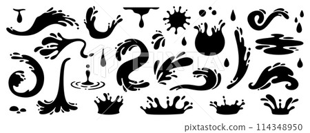 Water splash silhouettes. Black liquid shapes, ink drops, falling watering, cry tears, paint spill, spray, wet circle ripples, aqua splatter. Water symbols and water objects. Vector set Water splash silhouettes. Black liquid shapes, ink drops, falling watering, cry tears, paint spill, spray, wet circle ripples, aqua splatter. Water symbols and water objects. Vector set 114348950