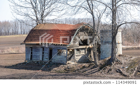 Scenery of an old cowshed and silo (Makubetsu Town, Hokkaido) 114349091
