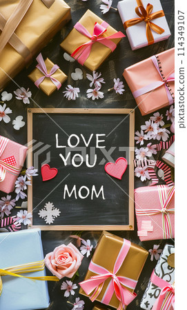 Mother's Day gift and greeting message in a small black board. 114349107