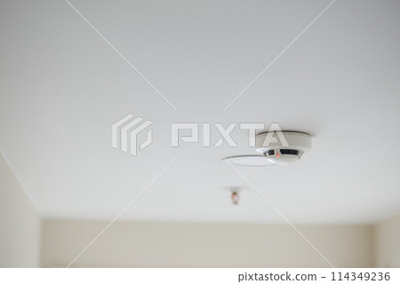 White smoke detector on ceiling at home  114349236