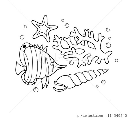 Tropical fish with a starfish, a seashell and a coral. Vector coloring page. 114349240