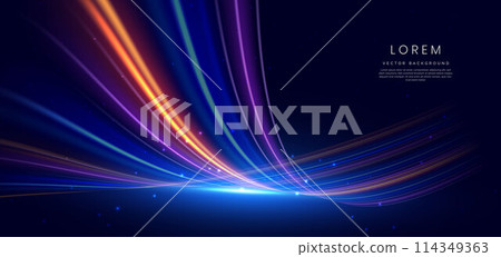 Abstract futuristic glowing neon multi color lines. Hi speed motion moving concept on dark blue background. Abstract futuristic glowing neon multi color lines. Hi speed motion moving concept on dark blue background. 114349363