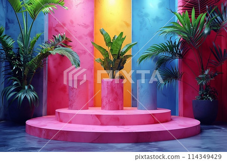 Podium with exotic plants in the room. 3D rendering. Podium with exotic plants in the room. 3D rendering. 114349429