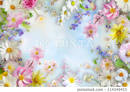 Floral background. Colorful flowers on the blue sky background. 114349453