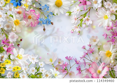Spring flowers on white background with bokeh. Floral frame. Spring flowers on white background with bokeh. Floral frame. 114349460