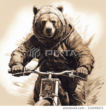 A Kodiak bear, a terrestrial carnivore, is painting a gesture art while wearing a hooded jacket and riding a bicycle instead of a motorcycle. The bicycle tire hits the road with a unique flair A Kodiak bear, a terrestrial carnivore, is painting a gesture art while wearing a hooded jacket and riding a bicycle instead of a motorcycle. The bicycle tire hits the road with a unique flair 114349471