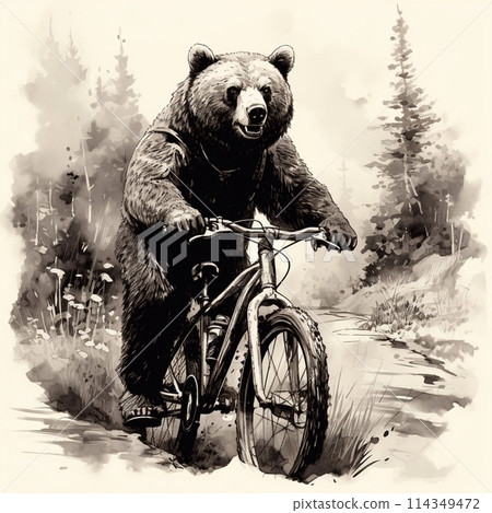 A bear is pedaling a bike with two wheels down a dusty path. The bicycle frame and handlebars can be seen as it rides along on the vehicles tires 114349472