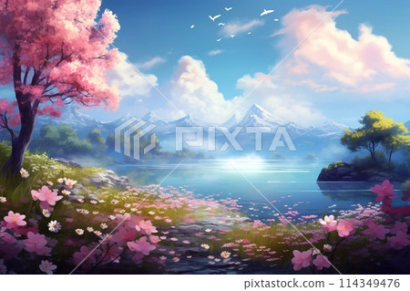 Cherry blossom sakura spring season background with mountain and lake Cherry blossom sakura spring season background with mountain and lake 114349476