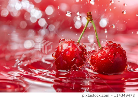 Cherries in water with drops of water on a red background 114349478