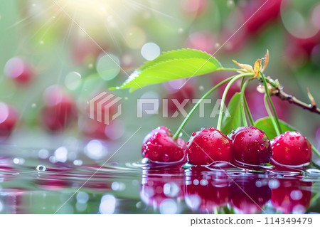 Cherries with water drops on the background of cherry trees. Cherries with water drops on the background of cherry trees. 114349479