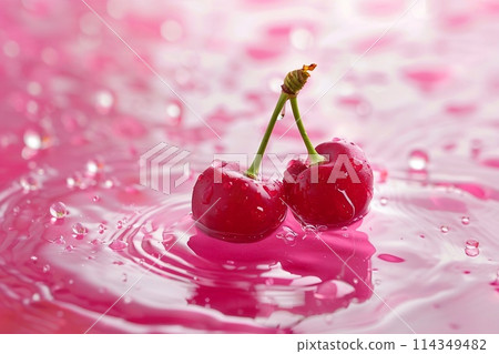 cherry on a pink background with drops of water and ripples cherry on a pink background with drops of water and ripples 114349482