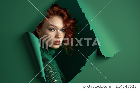 Redhead Woman Peeking Through Green Paper Tear 114349525