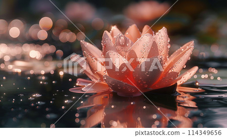 Serene Water Lily with Dew Drops at Twilight Serene Water Lily with Dew Drops at Twilight 114349656