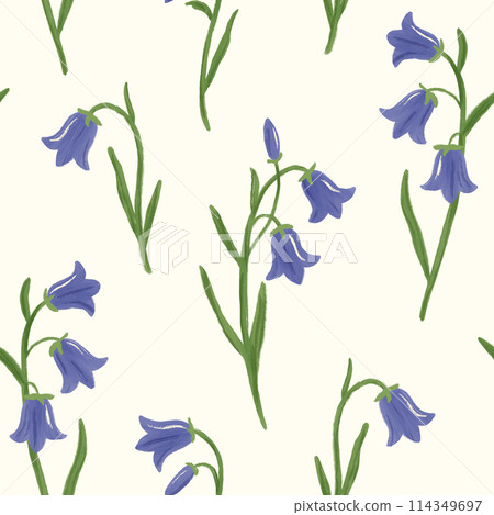 Bellflower seamless pattern. Hand drawn elegant simple bluebell flowers on off white ivory background. Campanula repeated design. Floral motif with delicate wildflowers for fabrics, decoration 114349697