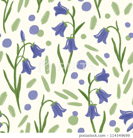 Bellflower seamless pattern. Hand drawn bluebell flowers on off white background decorated with dots and brush strokes. Campanula repeated design. Floral motif with wildflowers for fabric, decoration 114349699