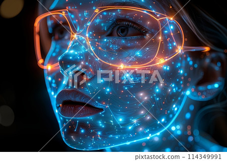 futuristic holographic antigas mask Scientist in white hazard suit and gas mask 114349991