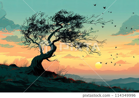 A solitary tree stands tall against the horizon, its branches reaching out to catch the whispers of the wind as it carries secrets across the landscape A solitary tree stands tall against the horizon, its branches reaching out to catch the whispers of the wind as it carries secrets across the landscape 114349996