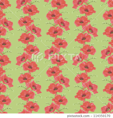 Hand drawn watercolor red poppy flowers bouquet seamless pattern isolated on green background. Can be used for textile, fabric and other printed products. Hand drawn watercolor red poppy flowers bouquet seamless pattern isolated on green background. Can be used for textile, fabric and other printed products. 114350170