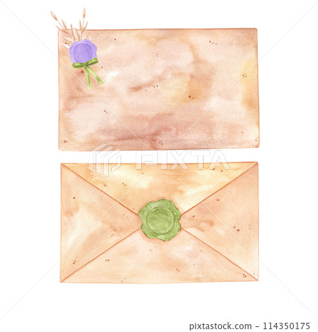 Hand drawn watercolor letter with sealing seal isolated on white background. Can be used for cards, scrapbook and other printed products. 114350175