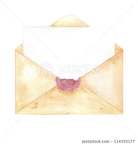 Hand drawn watercolor letter with sealing seal isolated on white background. Can be used for cards, scrapbook and other printed products. 114350177