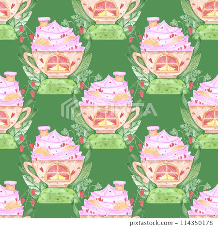 Hand drawn watercolor sweet spring cup house with marshmallow seamless pattern isolated on green background. Can be used for textile, scrapbook and other printed products. 114350178
