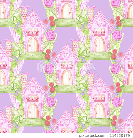 Hand drawn watercolor pink sweet spring house seamless pattern isolated on purple background. Can be used for textile, scrapbook and other printed products. 114350179