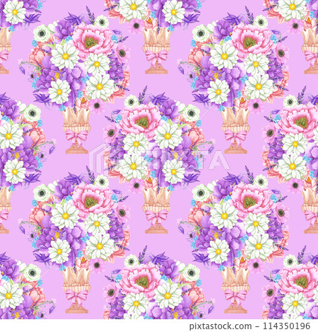 Hand drawn watercolor peony anemone and chamomile flowers bouquet in a goblet seamless pattern isolated on pink background. Can be used for textile, scrapbook and other printed products. Hand drawn watercolor peony anemone and chamomile flowers bouquet in a goblet seamless pattern isolated on pink background. Can be used for textile, scrapbook and other printed products. 114350196