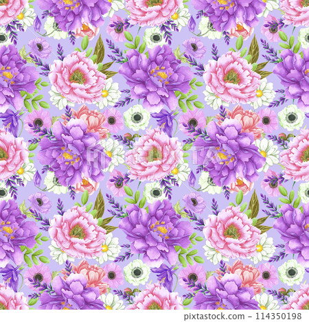 Hand drawn watercolor peony and anemone flowers bouquet seamless pattern isolated on blue background. Can be used for textile, scrapbook and other printed products. 114350198