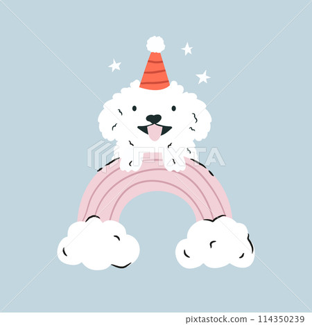 A dog in a holiday hat sitting at the rainbow. Vector illustration, greeting card for birthday 114350239