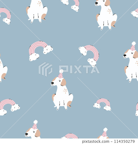 Seamless pattern with dogs in holiday hats and rainbows on blue background 114350279