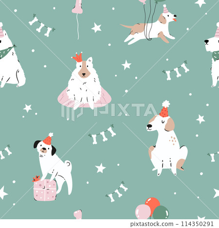 Seamless pattern with holiday dogs and Birthday decorations 114350291