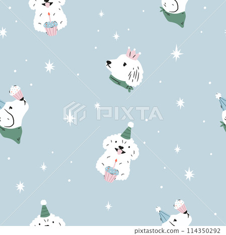 Seamless pattern with holiday dogs in holiday hats with cupcakes 114350292