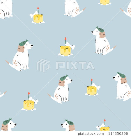 Seamless pattern with holiday spaniel dogs and Birthday cakes 114350296