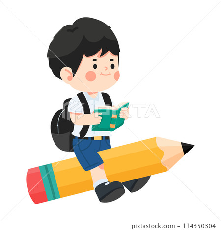 Happy boy student reading on Pencil back to school Happy boy student reading on Pencil back to school 114350304