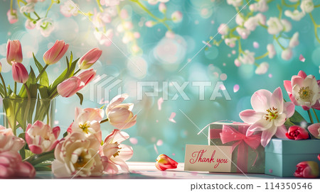 Mother's Day concept with pink flowers, thank you card and beautifully wrapped present. Mother's Day concept with pink flowers, thank you card and beautifully wrapped present. 114350546