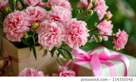 Mother's Day concept with pink flowers, thank you card and beautifully wrapped present. Mother's Day concept with pink flowers, thank you card and beautifully wrapped present. 114350548
