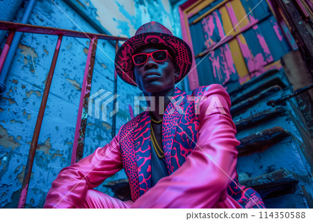 A man in a pink suit and hat is sitting on a staircase A man in a pink suit and hat is sitting on a staircase 114350588