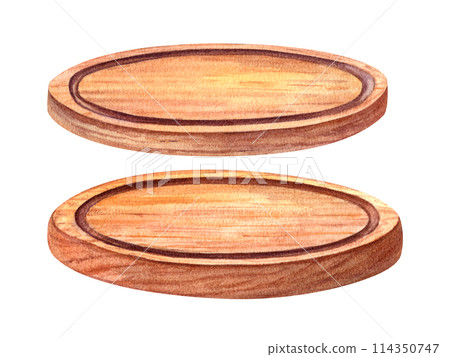 Set of round wooden chopping boards. Trays for cutting or serving food. Polished brown Pizza Plate. Kitchen tableware in isometric. Watercolor illustration. For cooking design, restaurant, menu Set of round wooden chopping boards. Trays for cutting or serving food. Polished brown Pizza Plate. Kitchen tableware in isometric. Watercolor illustration. For cooking design, restaurant, menu 114350747