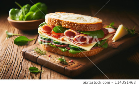 sandwich with gourmet meats, cheeses, and greens on a rustic wooden desk. Generative AI 114351468