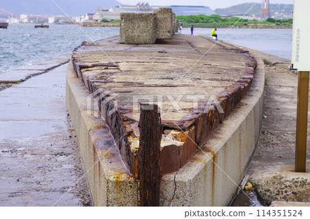 The hull of the warship breakwater in Kitakyushu City The hull of the warship breakwater in Kitakyushu City 114351524