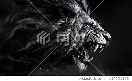 Head of a wild lion close-up. Black and white illustration for various design projects Head of a wild lion close-up. Black and white illustration for various design projects 114351565