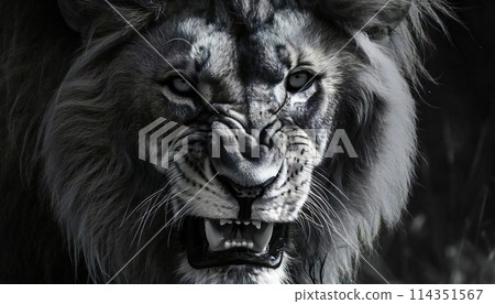 Wild lion head illustration. Monochrome image for various design applications 114351567
