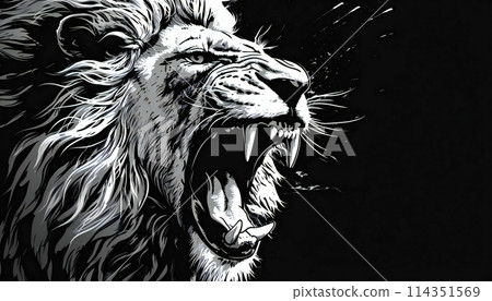 Close-up of the head of an aggressive lion. Wild animal illustration for various design purposes 114351569