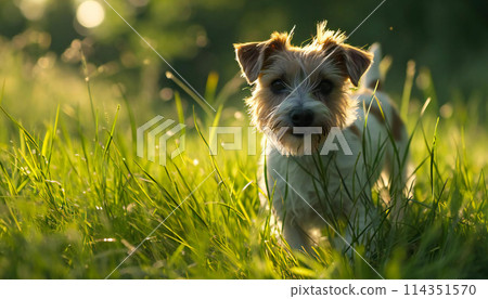A lovely canine strolling on the lawn 114351570