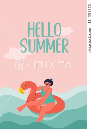 Young woman floating on inflatable ring in the shape of flamingo in sea. Summer illustration. 114351576
