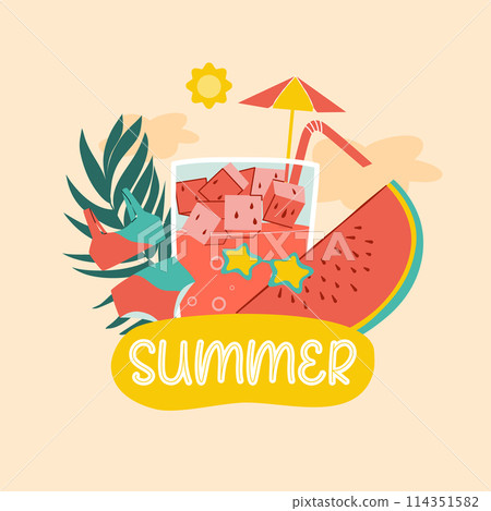 Summer poster with watermelon. For greeting cards, gift tags, stickers, posters and label templates. Vector illustration. 114351582