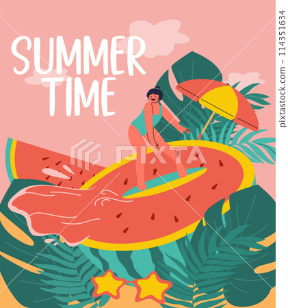 Summer scene, a girl surfing in the sea with a watermelon. Vector illustration 114351634