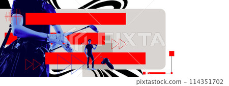 Young guy, golf player standing with golf equipment against light background with abstract elements. Contemporary art collage. 114351702