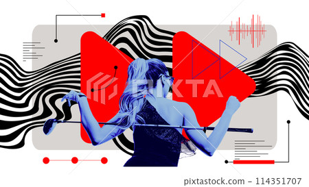 Young sportive girl standing with golf club, ready to play against light background with abstract elements. Contemporary art collage. Young sportive girl standing with golf club, ready to play against light background with abstract elements. Contemporary art collage. 114351707