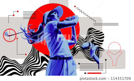 Focused young girl in motion playing golf against light background with abstract elements. Contemporary art collage. Leisure activity Focused young girl in motion playing golf against light background with abstract elements. Contemporary art collage. Leisure activity 114351709